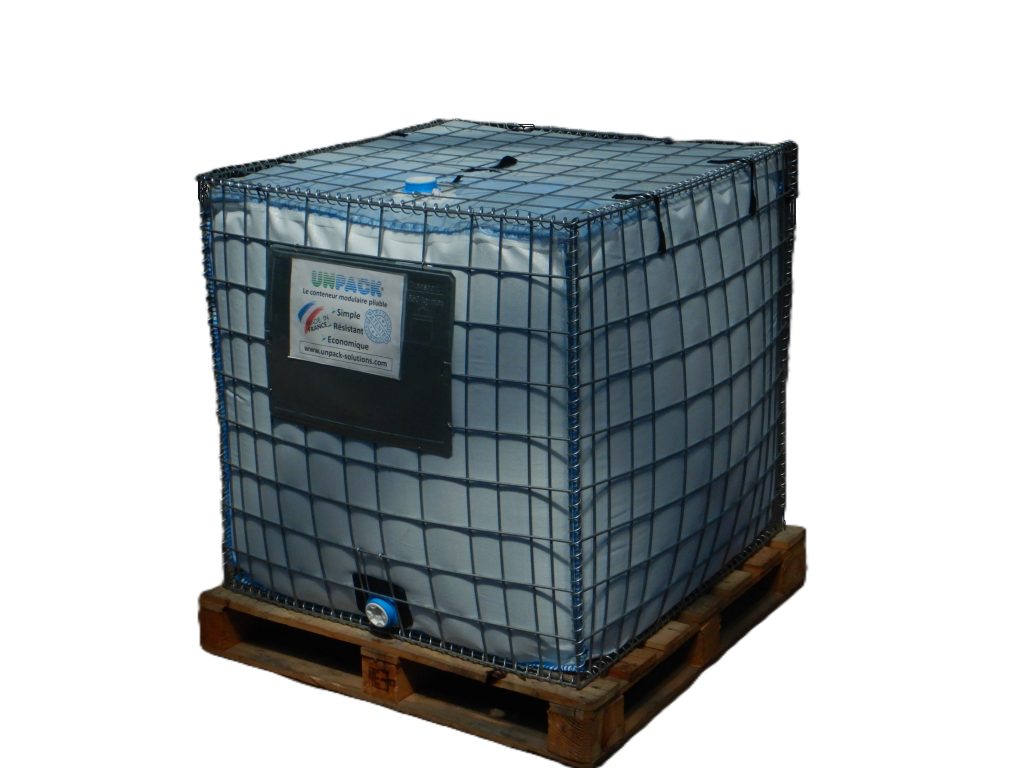 Cuve 1000l. Bag in Box pliable brevetée à usage unique sur palette recyclée